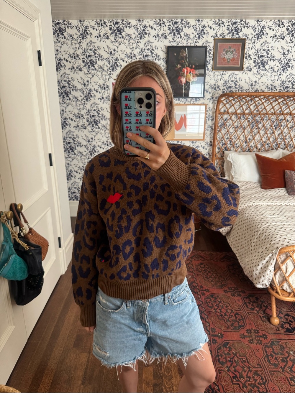 Clare V Pablo Cat Sweater brown & Blue Leopard Knit Size small